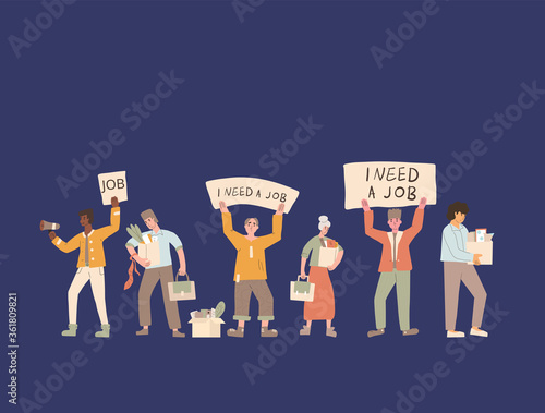 Protests against dismissal. Fired people vector  flat.
