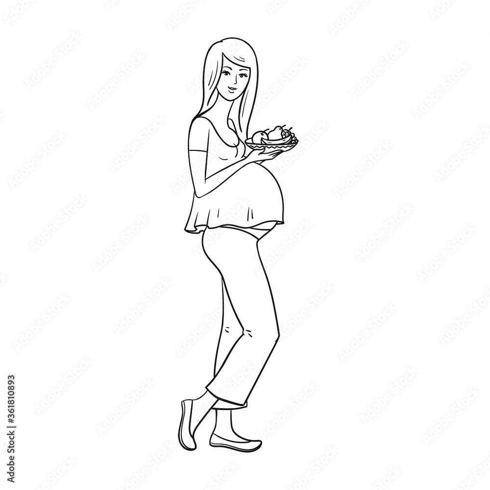 Pregnant girl with fruits. Healthy lifestyle. Beautiful young woman with fruits. Stock vector illustration isolated on white background.