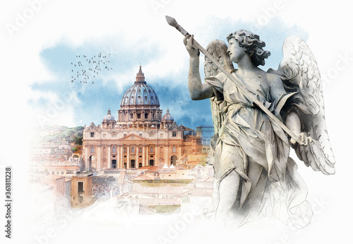 Panorama Of Vatican City. The Basilica of St. Peter. View from Castel Sant'angelo. Watercolor sketch