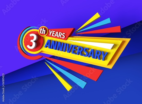 3th anniversary - 3d rendering banner logo design. Three years birthday badge emblem. Congratulatory creative layout. Abstract geometric poster. Bright raster bitmap digital illustration.