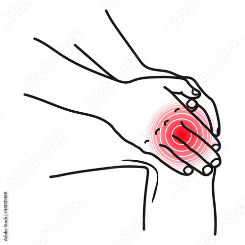 Knee pain location red spot. Trauma, arthritis, gonarthrosis, meniscopathy, ligament rupture.