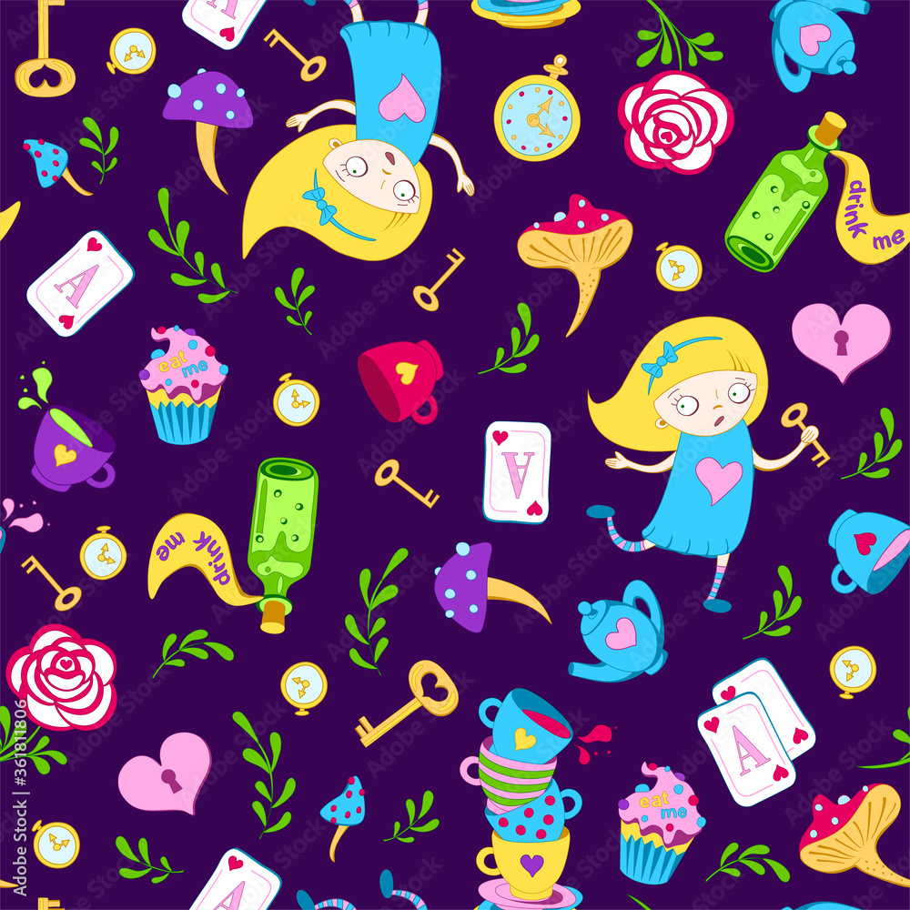 Cute bright multicolor seamless pattern with key, clock, roses on purple background. Alice in Wonderland background for fabric, wrapping, wallpaper. Decorative print. Vector illustration Cute bright multicolor seamless pattern with key, clock, roses on purple background. Alice in Wonderland background for fabric, wrapping, wallpaper. Decorative print. Vector illustration