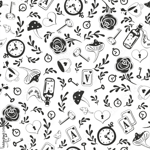 Cute black seamless pattern with key, clock, roses on white background. Alice in Wonderland background for fabric, wrapping, wallpaper. Decorative print. Vector illustration