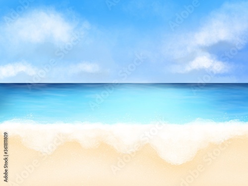 tropical beach with blue sky and clouds watercolor painting on paper