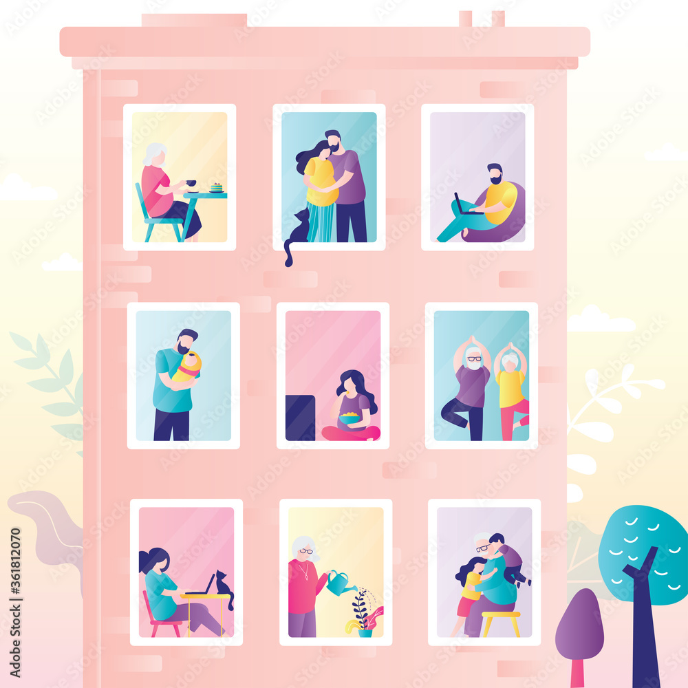 Fototapeta premium Authentic city building. Various families in windows. People stay at home. Urban view, weekend day concept banner.