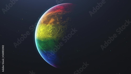 Colored stars. Rotating planet earth in outer space is shrouded in colorful stripes. 
Rainbow wraps around the earth. 3D Render. Images from NASA. 