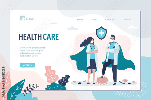 Healthcare landing page template. Happy superhero doctors defeated coronavirus, viruses and diseases. Covid-19 Pandemic stop,