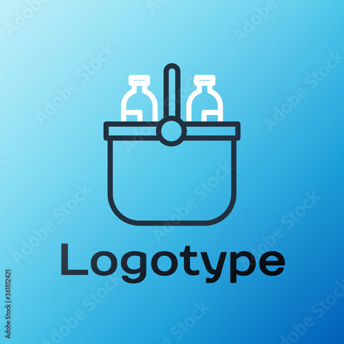 Line Cooler bag and water icon isolated on blue background. Portable freezer bag. Handheld refrigerator. Colorful outline concept. Vector Illustration.