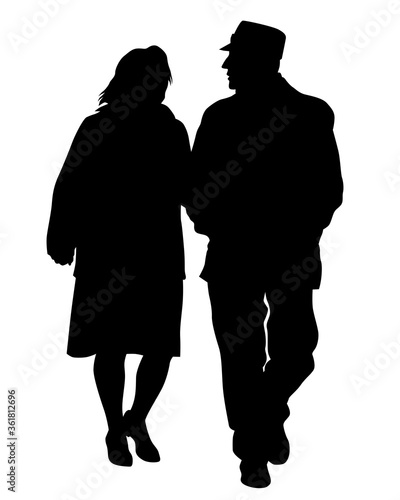 Two elderly people are walking along street. Isolated silhouettes on white background