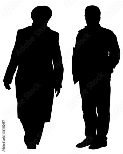 Two elderly people are walking along street. Isolated silhouettes on white background