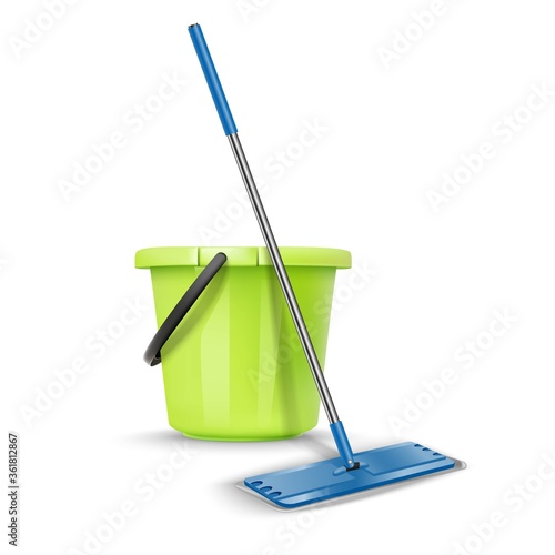 3d realistic vector cleaning greet bucket with broom. Isolated on white  background.