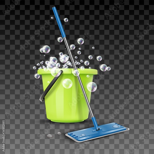 3d realistic vector cleaning greet bucket with foam and bubbles with broom. Isolated on transparent background.