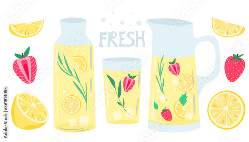 Fresh lemonade made with lemons, mint and strawberry. Lemonade pitcher, glass with a drink and glass bottle. Slices of lemon and berries. Flat vector illustration isolated on white background.