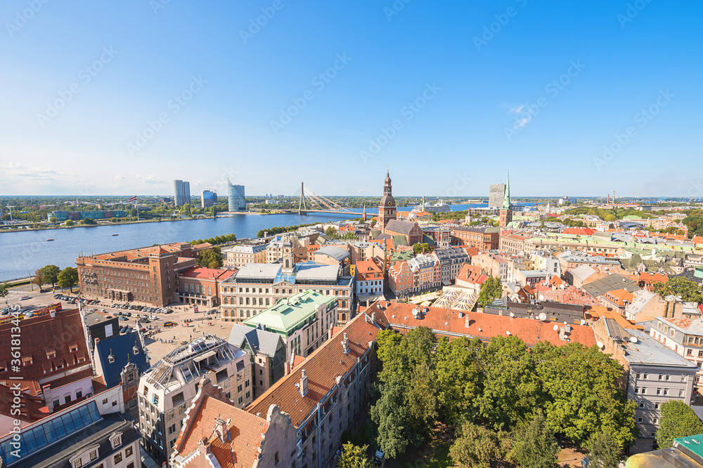 Landscape. Panoramic view of Riga old city in summer, under blue sunny sky