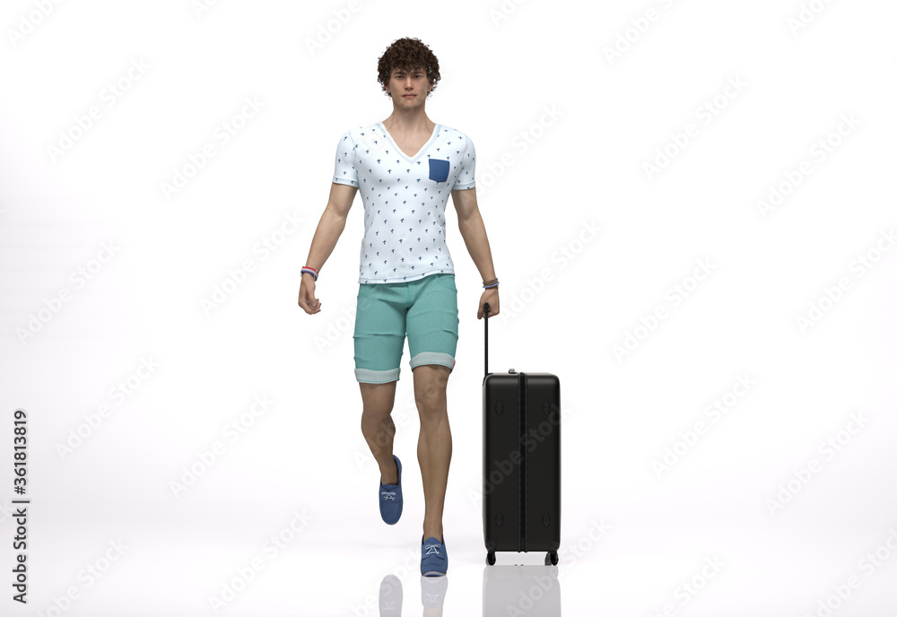 3D Render : The portrait of male traveler with the luggage in his hand, walking in the studio 3D Render : The portrait of male traveler with the luggage in his hand, walking in the studio