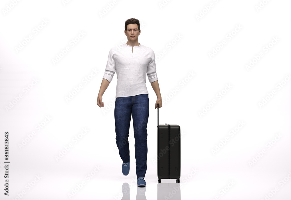 3D Render : The portrait of male traveler with the luggage in his hand, walking in the studio 3D Render : The portrait of male traveler with the luggage in his hand, walking in the studio