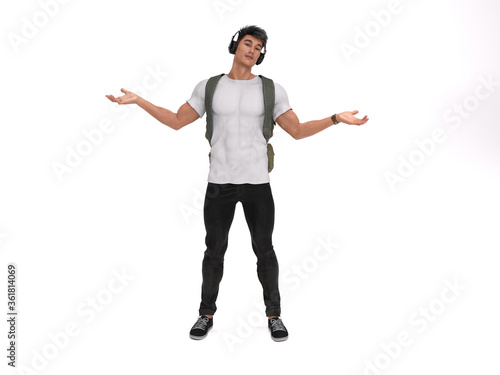 3D Render : The portrait of male traveler with the backpack on his back, holding the mobile phone in his hand and headphone attached to his head