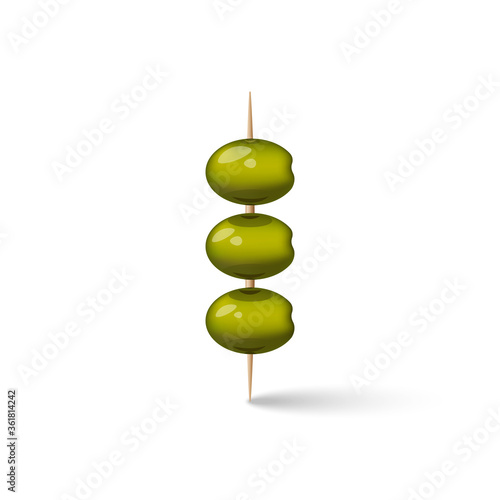 Three green olives on a wooden toothpicks snack for an alcoholic drink, 3d realistic vector food illustration