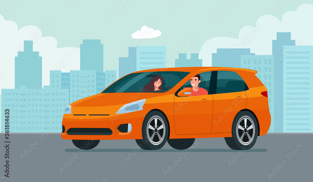 CUV car with a young man and woman driving on a background of abstract cityscape. Vector flat style illustration.