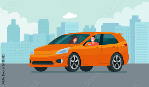 Fototapeta Naklejka Na Ścianę i Meble -  CUV car with a young man and woman driving on a background of abstract cityscape. Vector flat style illustration.
