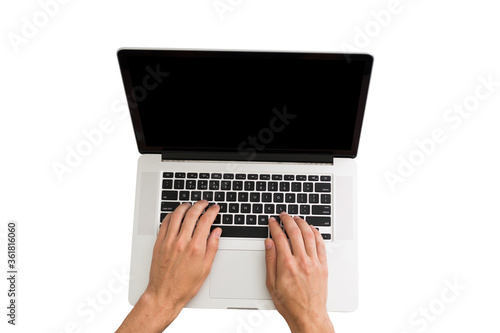 Man hands working on the laptop, photo taken with first person view - isolated on white