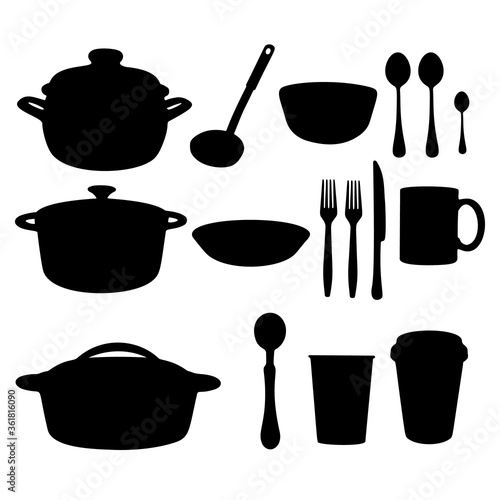 Utensils for the kitchen. Pot, ladle, bowl, spoons, cauldron, fork, knife, mug, shaker, glass. Vector image.