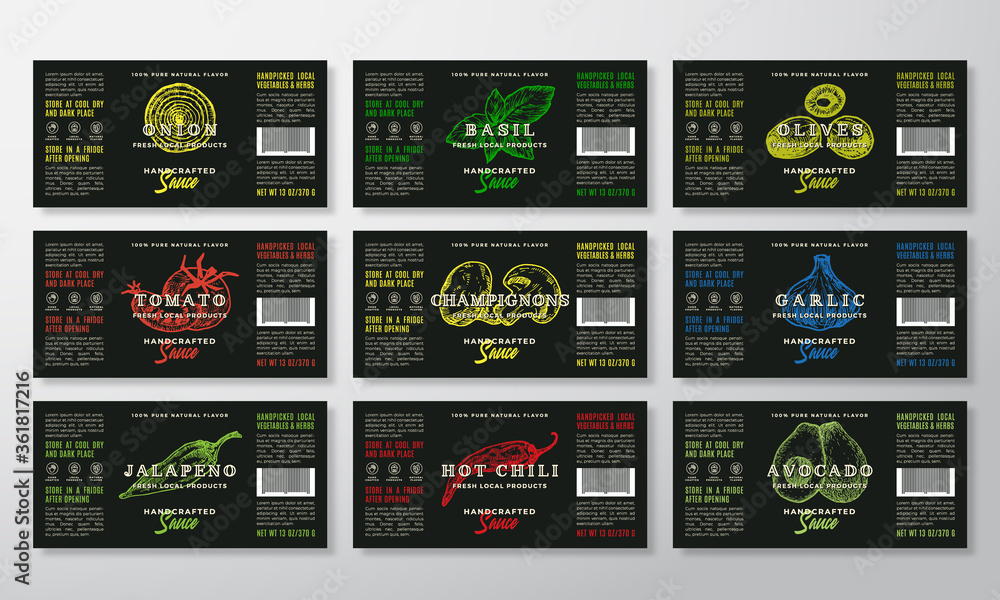 © createvil - Handcrafted Sauce Labels Template Collection. Abstract Vector Packaging Design Layouts Set. Modern Typography Banners with Hand Drawn Herbs, Mushrooms and Vegetables Silhouettes Background.