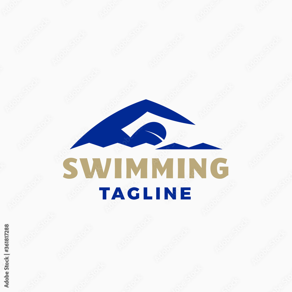 Swimming Abstract Modern Vector Sign, Emblem, Icon or Logo Template. Sportsman Swimmer Person in a Water with Typography.