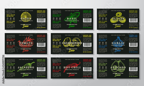 Handcrafted Sauce Labels Template Collection. Abstract Vector Packaging Design Layouts Set. Modern Typography Banners with Hand Drawn Herbs, Mushrooms and Vegetables Silhouettes Background. photo