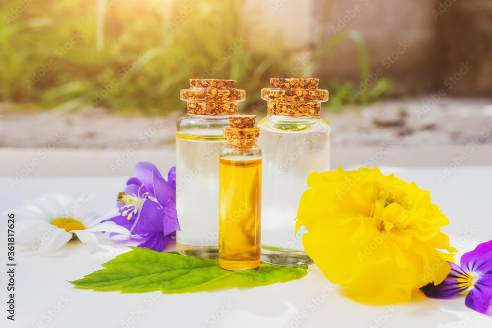 Essential flower oil in small glass bottles and flowers around. The concept of spa, cosmetic oils, aromatherapy. Essential flower oil in small glass bottles and flowers around. The concept of spa, cosmetic oils, aromatherapy.