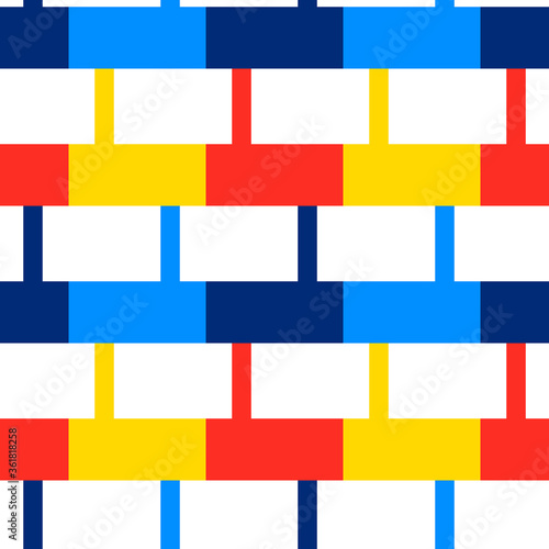 Bright seamless pattern with colorful geometric elements on a white background.