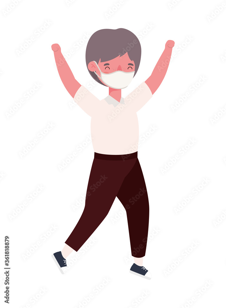 Boy kid with uniform medical mask jumping design, Back to school and social distancing theme Vector illustration Boy kid with uniform medical mask jumping design, Back to school and social distancing theme Vector illustration
