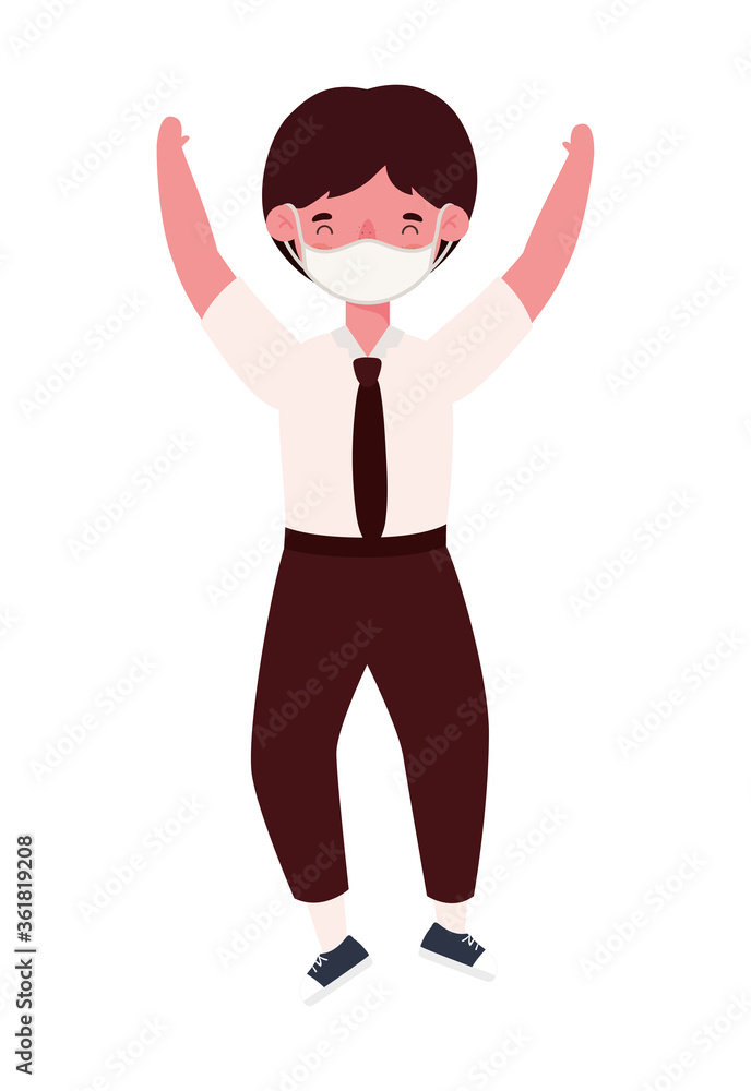 Boy kid with uniform medical mask jumping design, Back to school and social distancing theme Vector illustration