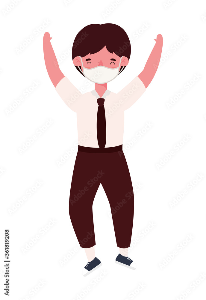Boy kid with uniform medical mask jumping design, Back to school and social distancing theme Vector illustration Boy kid with uniform medical mask jumping design, Back to school and social distancing theme Vector illustration