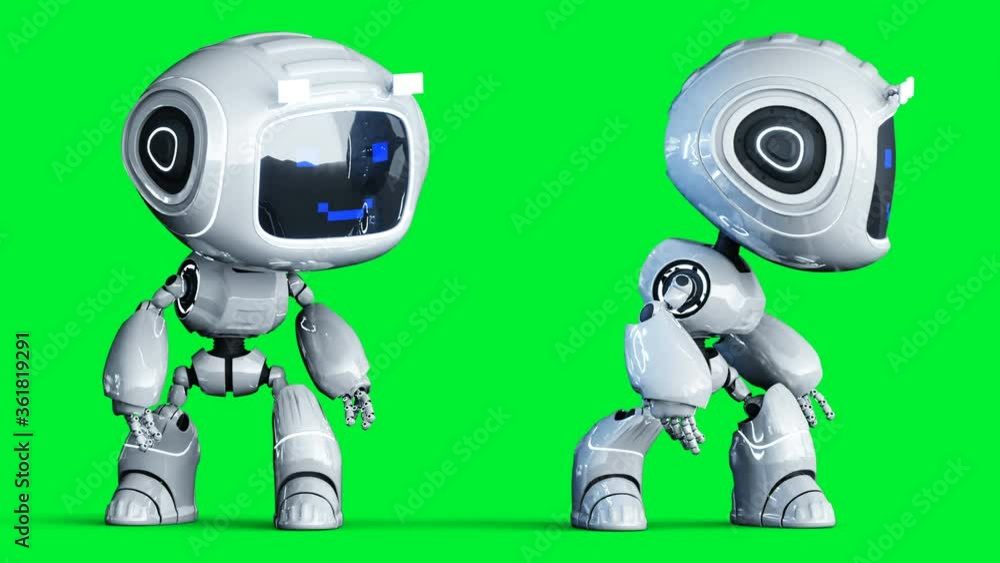 White smiling toy robot animation. Phisical motion blur. Realistic green screen 4k animation. Green screen White smiling toy robot animation. Phisical motion blur. Realistic green screen 4k animation. Green screen