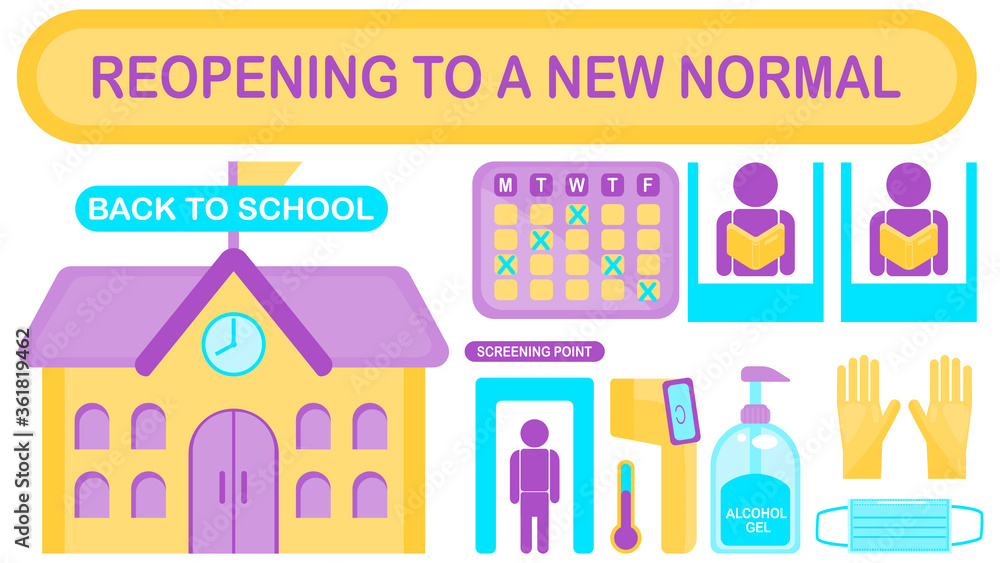 beautiful vector infographic concept strategy of Reopening to New Normal. about school. Back to school. beautiful vector infographic concept strategy of Reopening to New Normal. about school. Back to school.