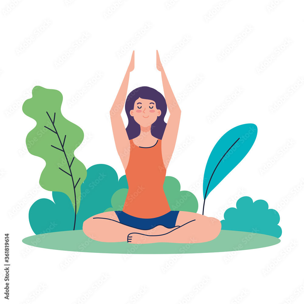 woman meditating, concept for yoga, meditation, relax, healthy lifestyle in landscape vector illustration design