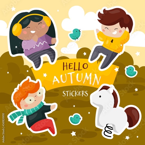 Set of cute creative stickers templates of a group of multi-ethnic children playing in the playground