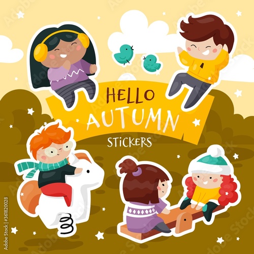 Set of cute creative stickers templates of a group of multi-ethnic children playing in the playground