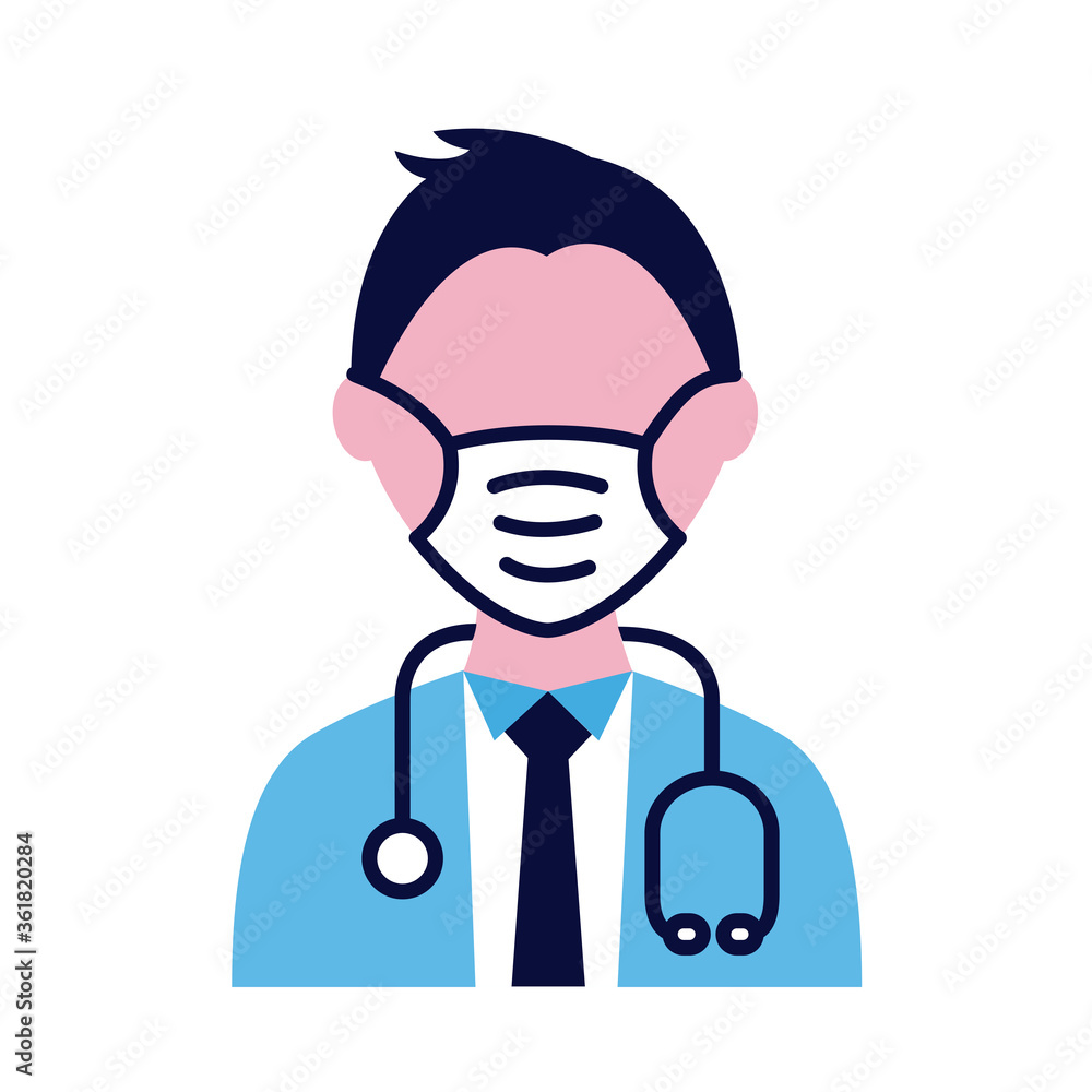 male doctor wearing medical mask with stethoscope flat style icon male doctor wearing medical mask with stethoscope flat style icon
