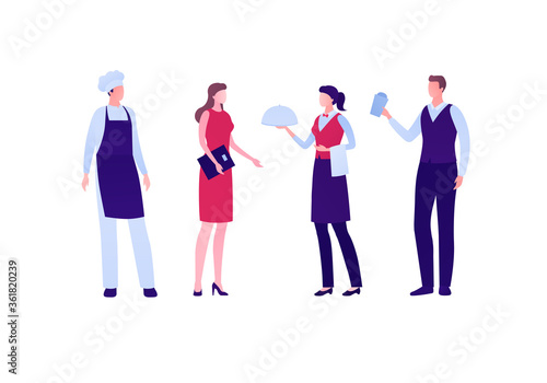 Restaraunt business staff concept. Vector flat person illustration set. Group of man and woman team employee. Chef, hostess, waiter, waitress character. Design element for banner, inforgraphic, menu