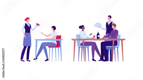 Restaraunt business concept. Vector flat person illustration set. Group of man and woman. People sit at table and order meal. Waiter hold food plate. Design element for banner, inforgraphic, menu