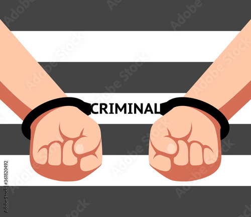 Handcuffed hands of prisoner and chain shaped like word "criminal"