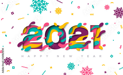 Happy New Year 2021 typography design with abstract paper cut shapes and confetti with snowflakes. Vector illustration.