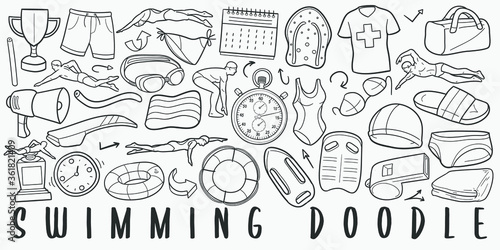Swimming Pool Sport Doodle Line Art Illustration. Hand Drawn Vector Clip Art. Banner Set Logos.