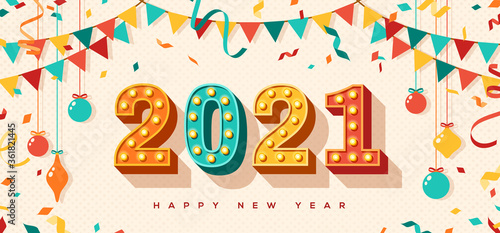 Happy New Year 2021 card or banner with typography design. Vector illustration with retro light bulbs font, streamers, confetti and hanging baubles.
