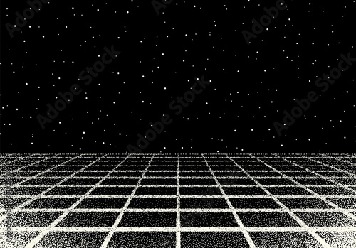 Retro dotwork landscape with 80s styled laser grid and stars background from old sci-fi book or poster