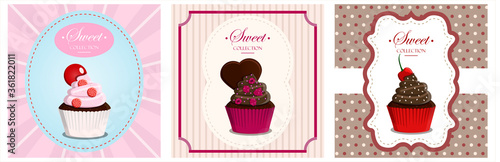 Set of Cupcakes with topping in a retro style with a geometric background and retro elements. Vector greeting card for a birthday or holiday. Dessert for a website, bakery, menu, or pastry shop