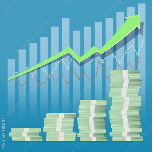 Growing financial graph made from pile US paper currency