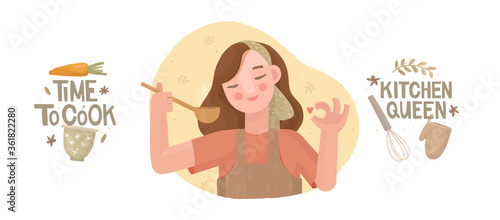 Set of vector illustrations on a culinary theme. Hand-drawn lettering "time to cook", "kitchen queen". Carrots, whisk, bowl, and star anise. The girl is cooking. Approving gesture "ok", chef, gourmet.